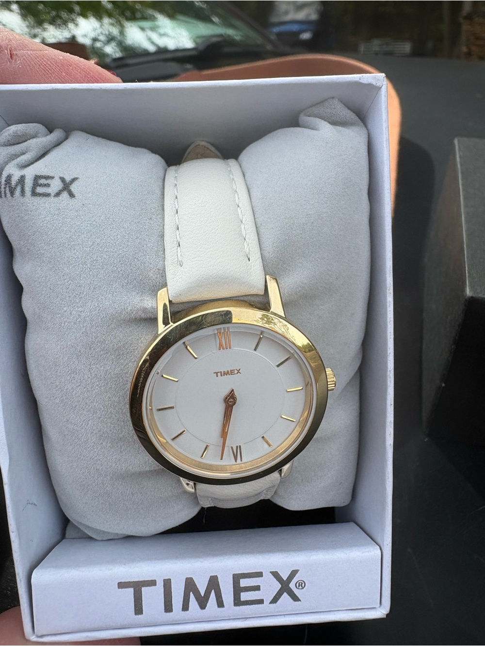 Timex Women's White Leather Strap Watch with Gold-Tone Case